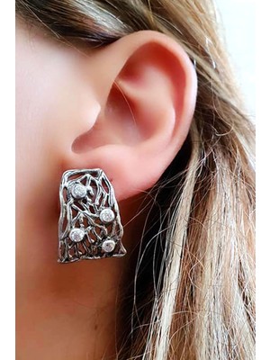 Ose Shop Zirkon taşlı 925 ayar gümüş el işi tasarım modern küpe