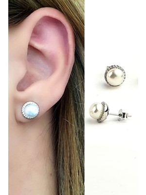 Ose Shop Zirkon Taş Detaylı 925ayar Gümüş İnci Küpe