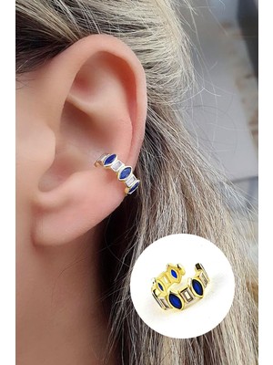 Lacivert Zirkon Taşlı 925AYAR Gümüş Üzerine Altın Kaplama Luxury Tasarım Sıkıştırmalı Kıkırdak Küpesi