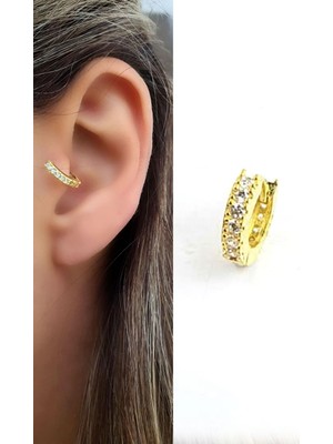 Zirkon Taş Detaylı 925AYAR Gümüş Üzerine Altın Kaplama Helis Tragus Kıkırdak Halka Piercing
