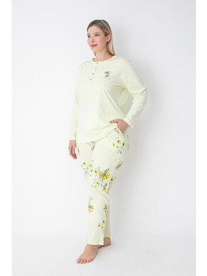 Senfoni Homewear Sarı Çiçek Desenli Pamuklu Büyük Beden Pijama Takımı