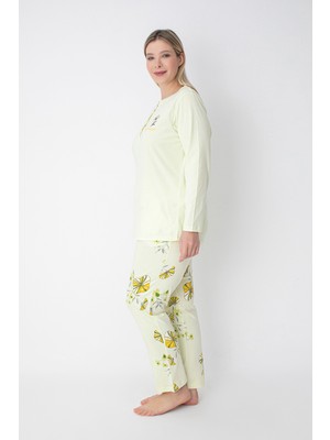Senfoni Homewear Sarı Çiçek Desenli Pamuklu Büyük Beden Pijama Takımı