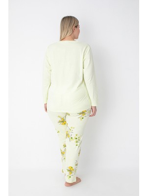 Senfoni Homewear Sarı Çiçek Desenli Pamuklu Büyük Beden Pijama Takımı