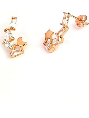 Ose Shop Baget kesim zirkon taşlı ay yıldız tasarımı gümüş bayan küpe