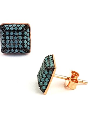 Ose Shop Mavi nano turkuaz taşlı 3 boyutlu kare gümüş küpe