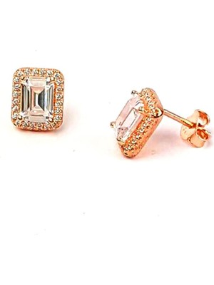 Ose Shop Baget kesim zirkon taşlı gümüş üzerine rose altın kaplamalı pırlanta ışıltısında küpe