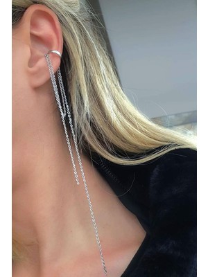 Zincirli Detaylı 925AYAR Gümüş Tasarım Sıkıştırmalı Kıkırdak Küpesi