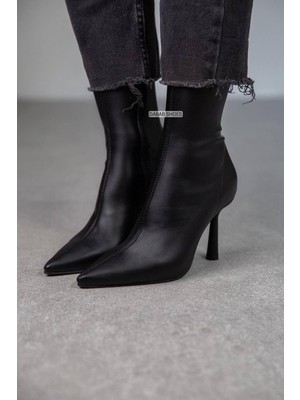 Kadın Marya Siyah Streç Cilt Yandan Fermuar Sivri Burun Ince Topuklu Bot