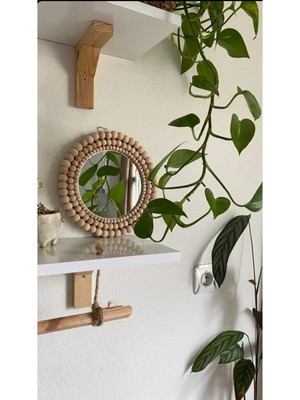 22 cm Yuvarlak Ayna Dekoratif Bambu Ayna Ahşap Boncuklu Ayna Makyaj Aynası Doğal