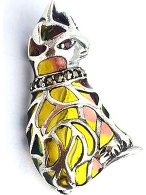 Kedi  Figürlü Özel Mineli Vitray Işçiliği 925AYAR Gümüş Tasarım Yaka Iğnesi Broş