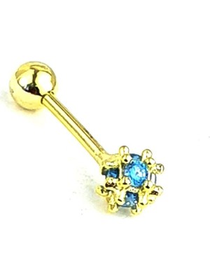 Ose Shop Aquamarin Taşlı 925 Ayar Gümüş Üzerine Altın Kaplama Tragus Kıkırdak Piercing