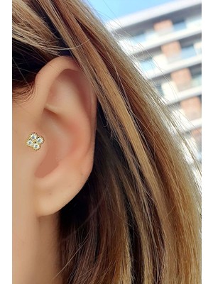 Ose Shop 925AYAR Gümüş Üzerine Rose Altın Kaplama Zirkon Taş Detaylı Çiçek Figürlü Tragus Kıkırdak Piercing