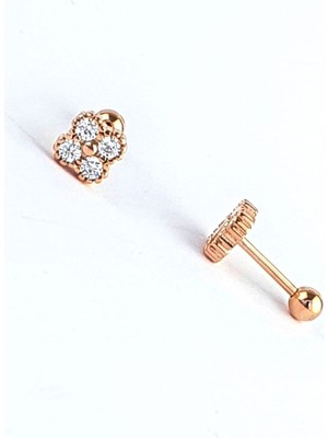 Ose Shop 925AYAR Gümüş Üzerine Rose Altın Kaplama Zirkon Taş Detaylı Çiçek Figürlü Tragus Kıkırdak Piercing