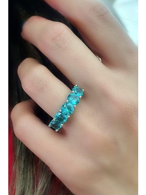 Sky Diamond Blue Aquamarin Taşlı 925 Ayar Gümüş Beş Taş Yüzük