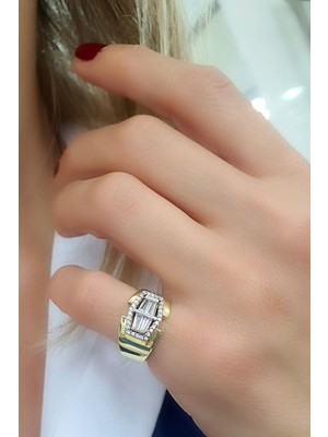 Baget Zirkon Taşlı 925AYAR Gümüş Üzerine Altın Kaplama Luxury Tasarım Ayarlanabilir Şovalye Yüzük