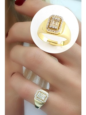 Baget Zirkon Taşlı 925AYAR Gümüş Üzerine Altın Kaplama Luxury Tasarım Ayarlanabilir Şovalye Yüzük