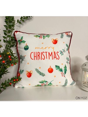 Deco Merry Christmas Sloganlı Dekoratif Kırlent Kılıfı Bordo Fitilli