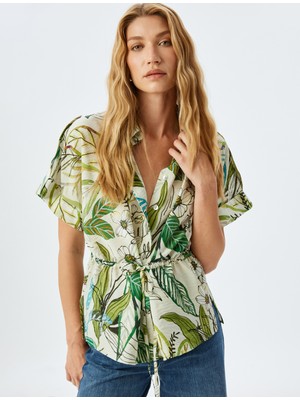 Koton Floral Desenli Beli Bağlama Detaylı Viskon Kısa Kollu Oversize Gömlek