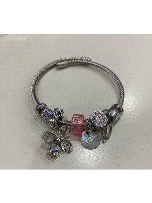 Stainless Steel Pandora Charm Bileklik Kelebek Taşlı Gümüş Çelik Bileklik