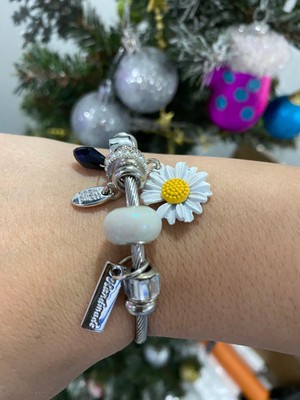 Stainless Steel Çelik Pandora Charm Papatya Taşlı Çelik Bileklik