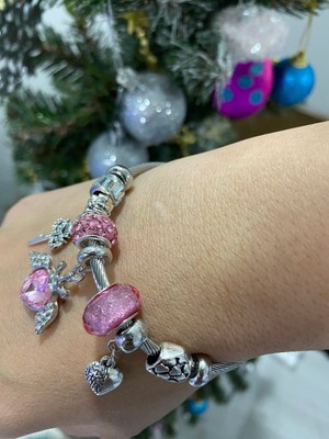 Stainless Steel Charm Pembe Kalp Taşlı Çelik Bileklik Pandora 316L