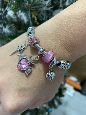 Stainless Steel Charm Pembe Kalp Taşlı Çelik Bileklik Pandora 316L