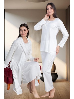 Mecit 6157 Ekru Kadın Sabahlık Pijama Gecelik Set