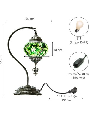 ByTurkishLamps El Yapımı Mozaik Lamba Renkli Masaüstü Gece Lambası Dekoratif Deve (Kuğu) Boynu Masa Başucu Abajur Ampul Hediye