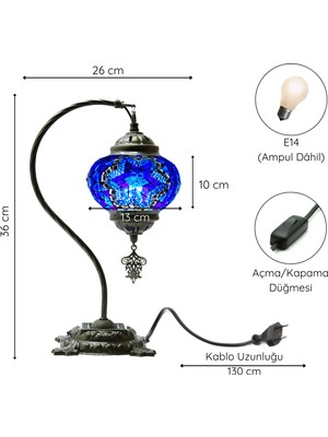 ByTurkishLamps El Yapımı Mozaik Lamba Renkli Masaüstü Gece Lambası Dekoratif Deve (Kuğu) Boynu Masa Başucu Abajur Ampul Hediye