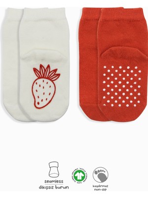 Bistyle Meyve Figürlü Kaymaz Soket Çorap 2'li BS10105 Kırmızı Ekru