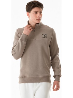 Ny Nakışlı Yarım Fermuarlı Dik Yaka Sweatshirt