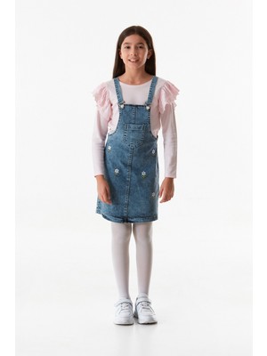 FullaModa Çiçek Nakışlı Önü Cepli 2'li Kız Çocuk Salopet