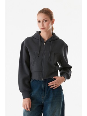 3 Iplik Basic Kapüşonlu Crop Sweatshirt Hoodie