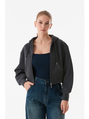 3 Iplik Basic Kapüşonlu Crop Sweatshirt Hoodie