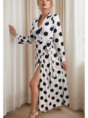 Ag Shoppings Kadın Uzun Kollu Kruvaze Yaka Yandan Bağlamalı Krep Tam Boy Elbise