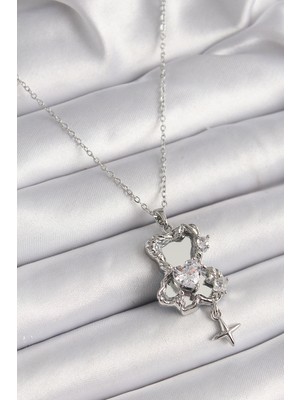 Callerrons Accessories Gümüş Renk Ayna Ayıcık Model Zirkon Taşlı Kalp Detay Kadın Kolye - EBJ241221W30094