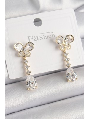 Callerrons Accessories Pirinç Gold Renk Zirkon Taşlı Kelebek Model Sallantı Damla Zirkon Taş Kadın Küpe - EBJ241221W30155