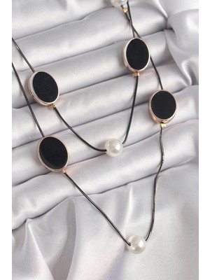 Callerrons Accessories Pirinç Siyah Renk Zincir Inci Detaylı Çoklu Kadın Kolye - EBJ241221W30088