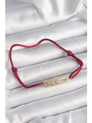 Callerrons Accessories Kırmızı Ipli Asansörlü Zirkon Taşlı Gold Messika Model Kadın Bileklik - EBJ241221W30061