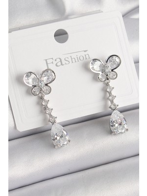 Callerrons Accessories Pirinç Gümüş Renk Kelebek Model Sallantı Damla Zirkon Taşlı Kadın Küpe - EBJ241221W30156