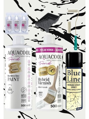 Aquacool Trend Aquacool 500 ml Mermer Efekt Tezgah Boyama Seti Akrilik Boya Katalizör Kadife Rulo Boyacı Tavası