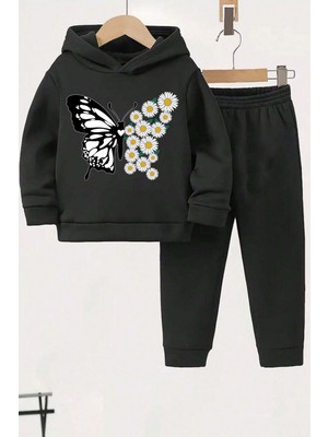 Uygun Tarz Papatya Kelebek Baskılı Çocuk Rahat Eşofman Takımı