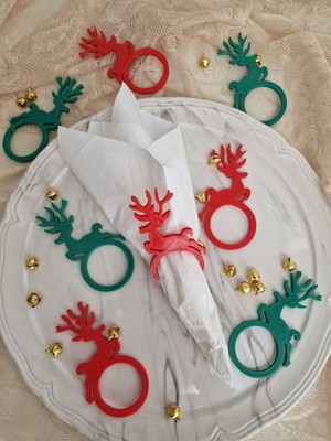 Yılbaşı Için Geyik Temalı 8 Li Kırmızı-Yeşil Renk Peçete Halkası(Sert Plastiktir)