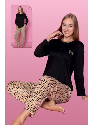 REMSA Viskon Likralı Kadın Pijama Takımı Leopar Desen 25300 Siyah