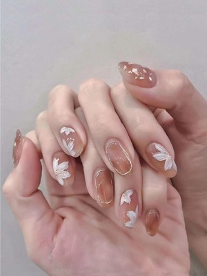 Vivid Charm 24'lü Kahverengi Çiçek Tasarımlı Takma Tırnak Seti - Protez Tırnak Seti