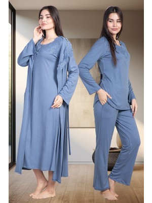 Mecit Pijama Mecit 6157 İndigo Kadın Sabahlık Pijama Gecelik Set