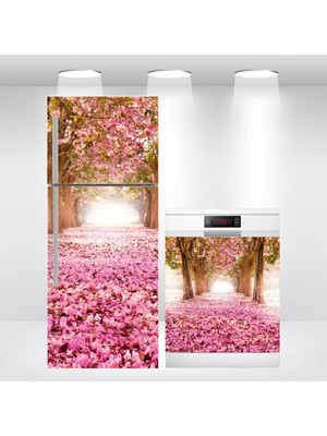Buzdolabı ve Bulaşık Makinesi Kapak Sticker Kendinden Yapışkanlı Folyo Kaplama Pembe Çiçekler