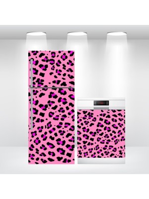 Buzdolabı ve Bulaşık Makinesi Kapak Kendinden Yapışkanlı Folyo Kaplama Pembe Leopar
