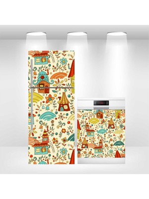 Buzdolabı ve Bulaşık Makinesi Kapak Sticker Kendinden Yapışkanlı Folyo Kaplama Renkli Evler