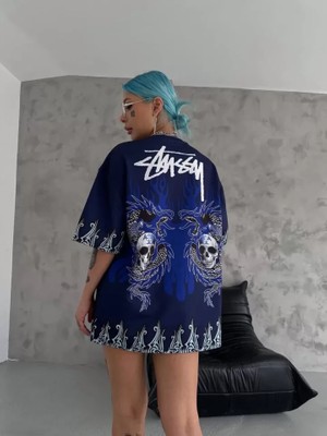 Janes  Bisiklet Yaka Baskılı Oversize T-Shirt - Lacivert